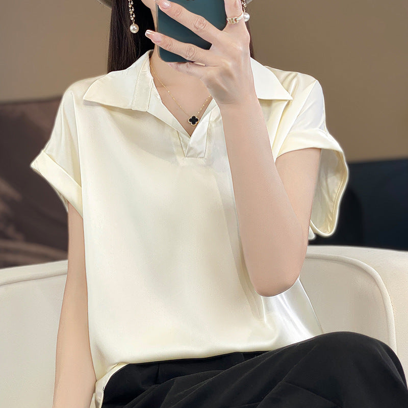 Women’s Ice Silk Shirt Collar Loose Fit Summer Pullover Top