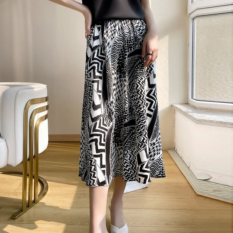 Women's Striped Ice Silk Pleated High Waist Skirt Umbrella Skirt
