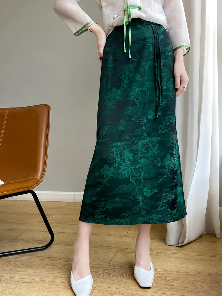 Women’s New Chinese Style Ice Silk A-Line Mid-Length Skirt