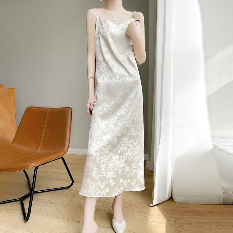 Women's Ice Silk V-Neck Jacquard Slim Sleeveless Dress