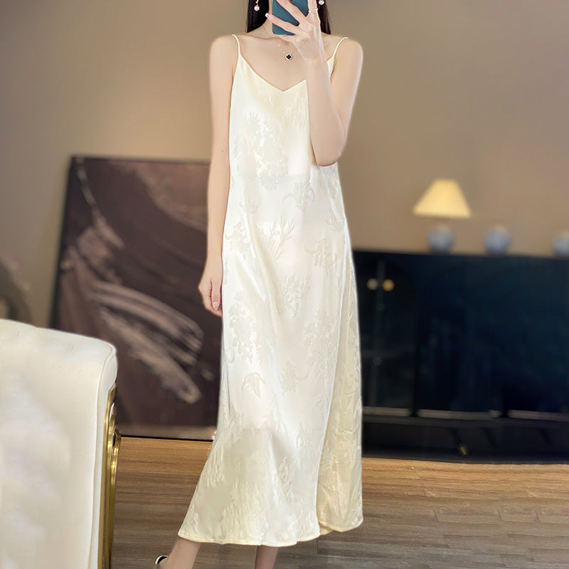 Women’s Ice Silk V-Neck Slim Fit Suspender Long Dress Skirt