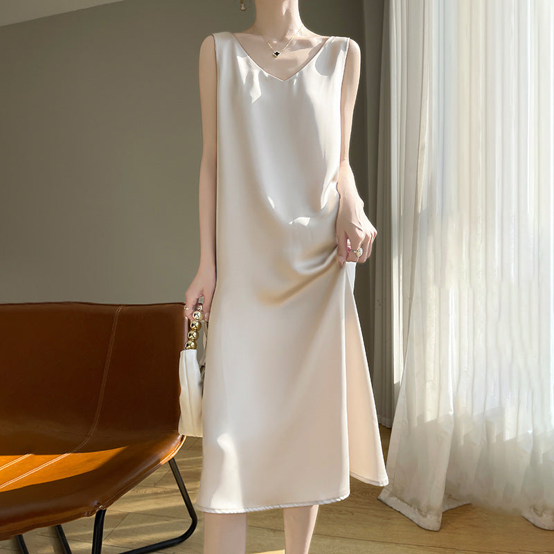 Women’s Ice Silk V-Neck Suspender Mid-Length Summer Dress