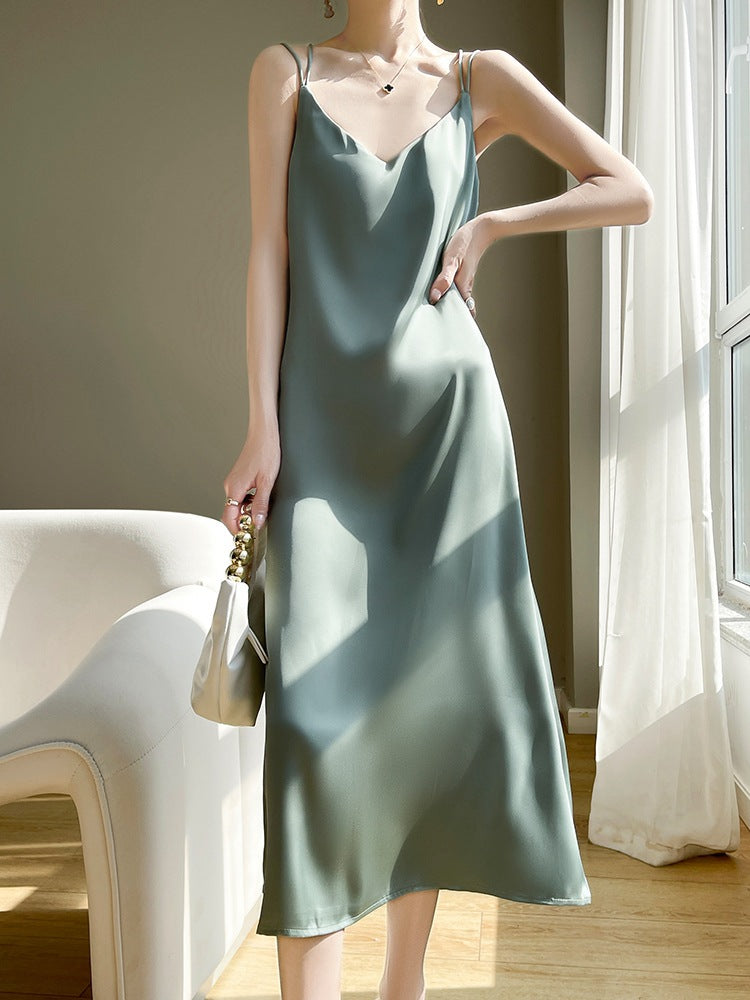 Women's Solid Ice Silk V-Neck Back Cross Camisole Dress K-Style