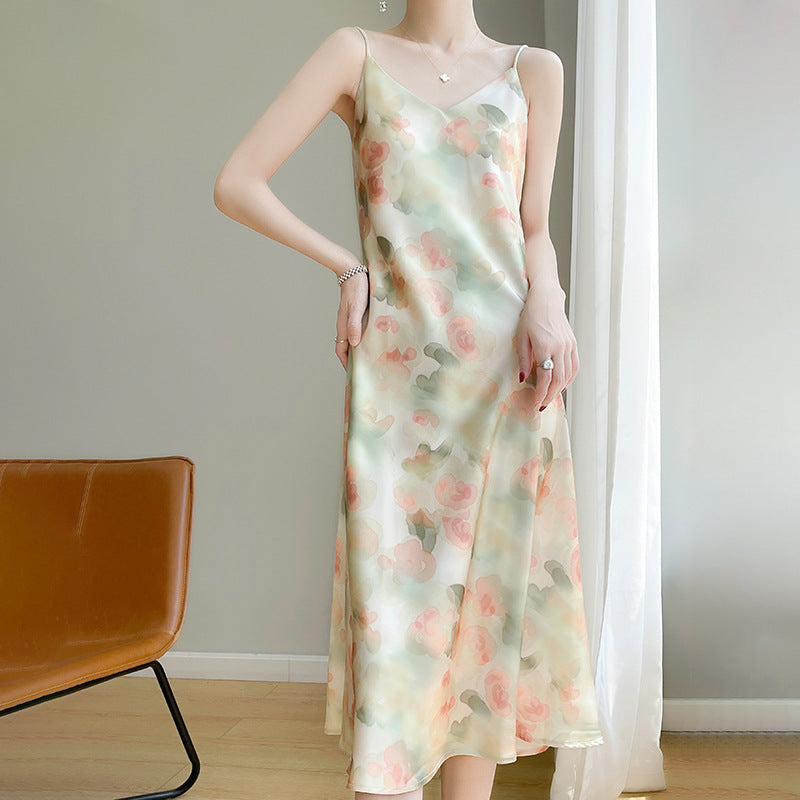 Women’s Ice Silk V-Neck Floral Print Suspender Long Dress