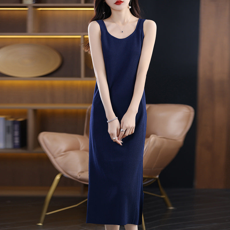 Women’s Ice Silk Ruched Slim Fit Spaghetti Strap Slit Dress