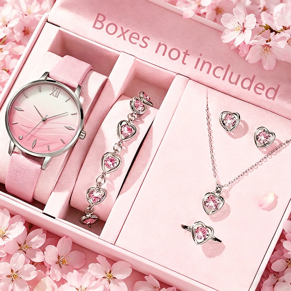 Women's Premium Korean-Style Pink Gradient Watch & Diamond Love Jewelry Set