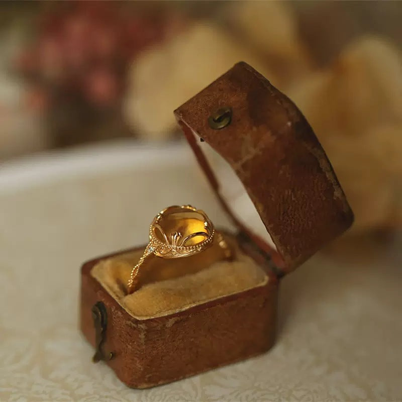 Premium "Unstoppable Goddess" Lace Pattern Natural Cabochon Citrine Opening Ring