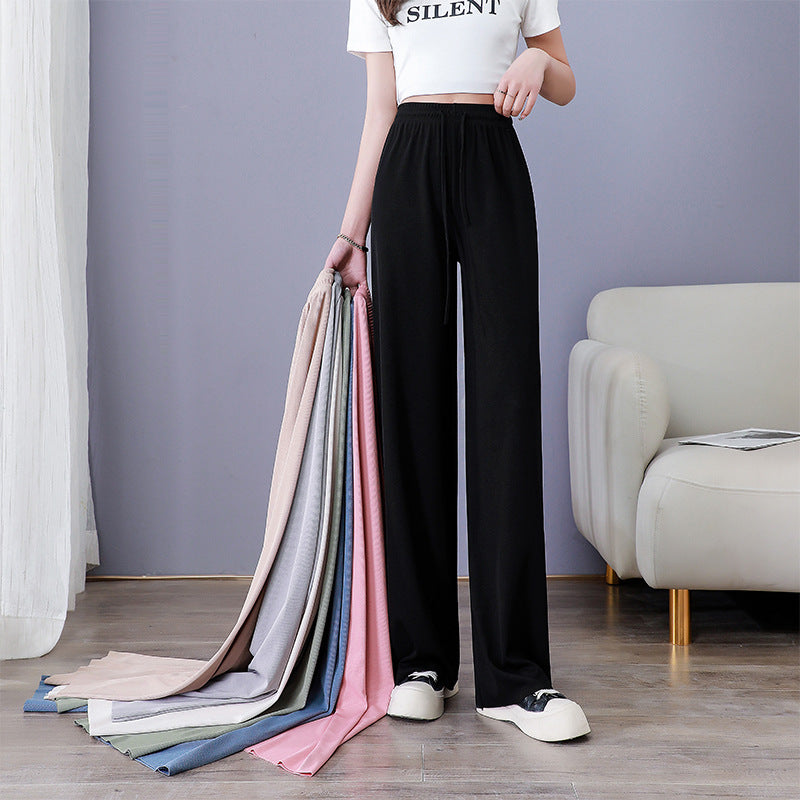 Women’s Ice Silk Wide-Leg Pants High-Waisted Floor-Length Casual Trousers