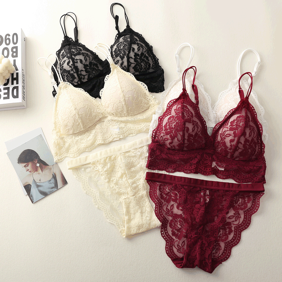 Women’s French Triangle Cup Bra Set Lace Cut-Out Wire-Free Beautiful Back
