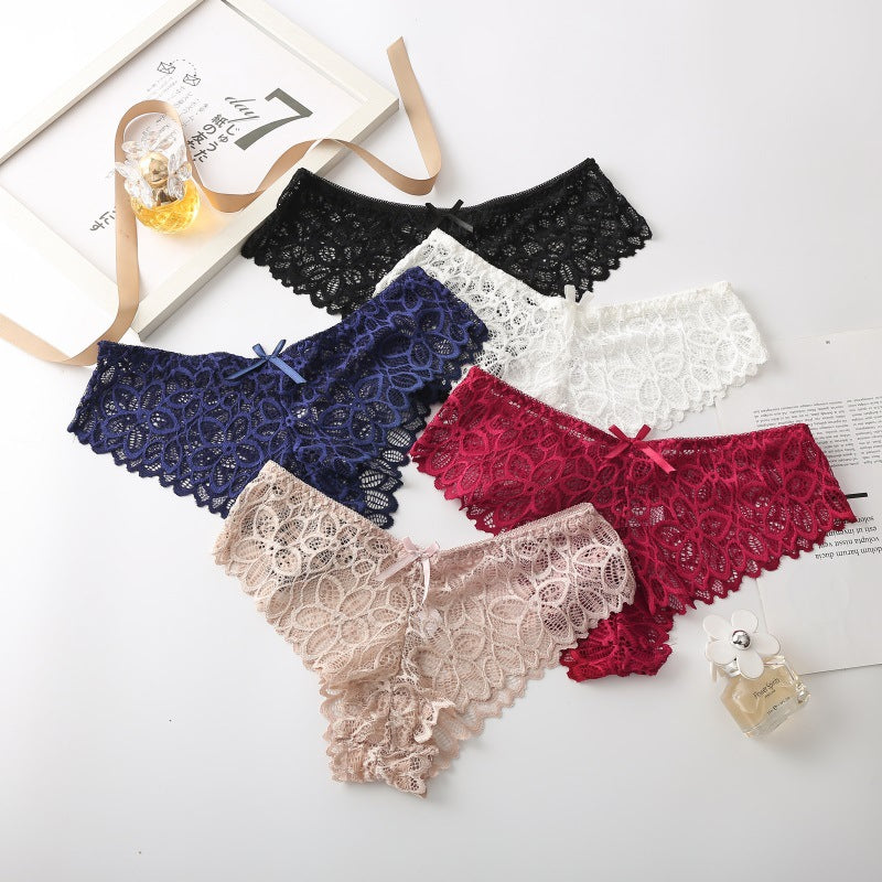 PACK OF 5-Women’s Lace Low-Waist Cotton Briefs Sexy Bow Cut-Out Breathable Panties
