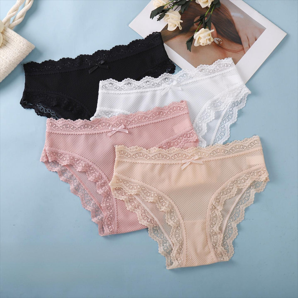 PACK OF 4-Women’s Cotton Lace Briefs Antibacterial Double Crotch Breathable Underwear French Bow Design