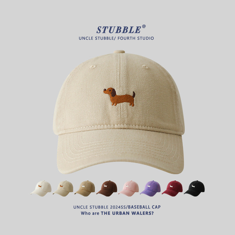 Korean Style Dachshund Embroidered Unisex Wide Brim Cap