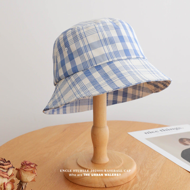 Korean Style Fresh Blue and White Checkered Unisex Bucket Hat