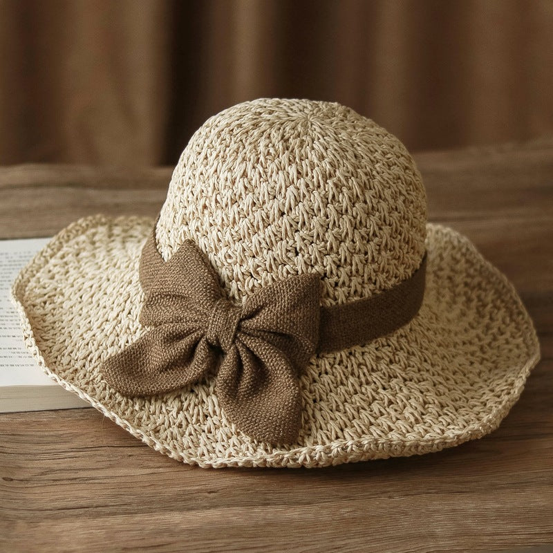 Women’s Handmade Straw Sun Hat with Bowknot Wide Brim