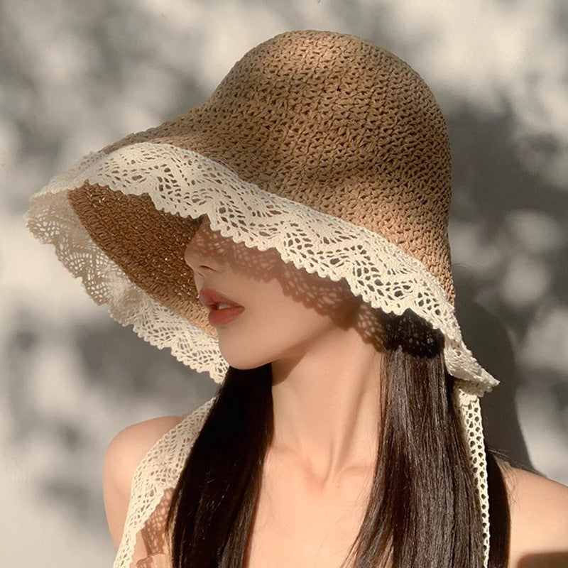 Women’s French Style Lace Straw Hat with Wide Brim Ribbon