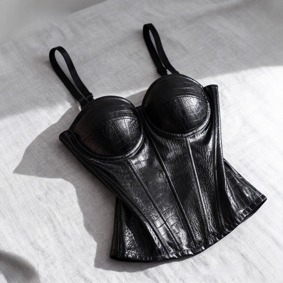 Premium PU Leather Fishbone Corset Tube Top with Underwire
