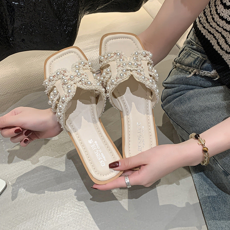 Pearl Detail Thick Sole Slippers Women Fairy Style Beach Wear