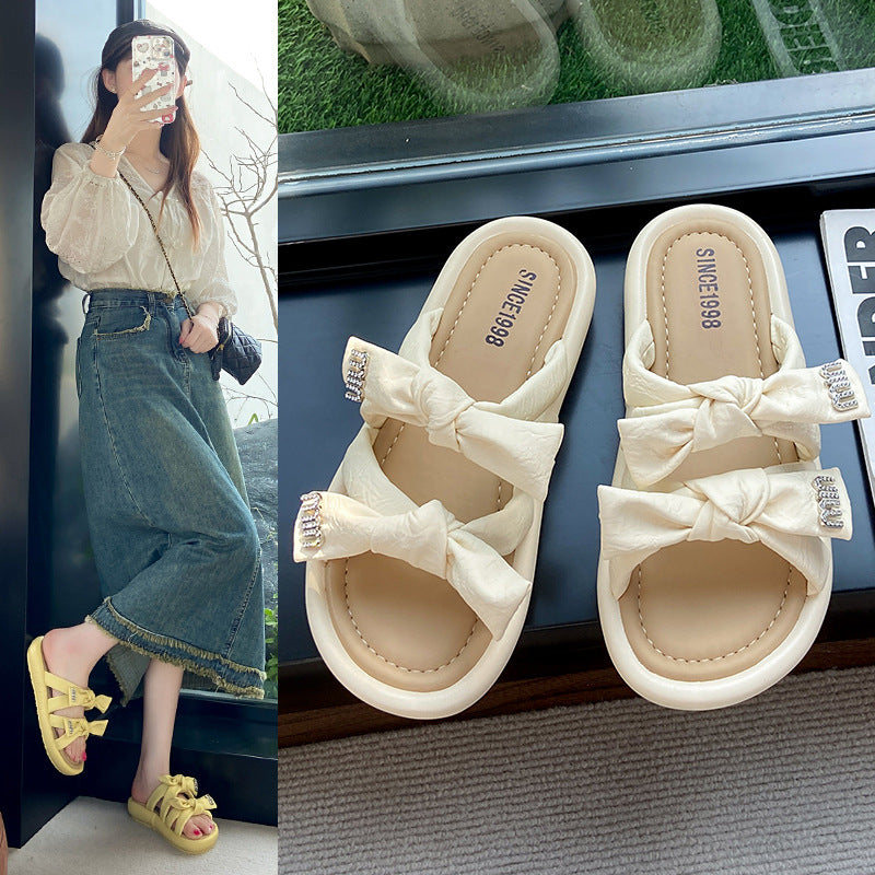 Bow Flat Sandals Women Summer Beach Vacation Slip On Slippers