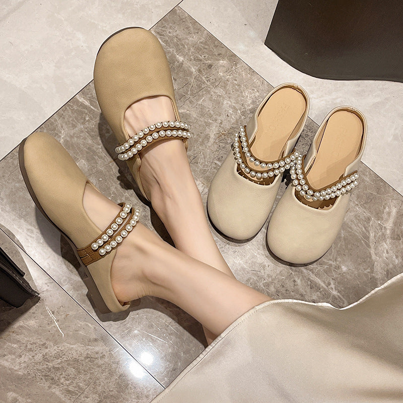 Baotou Pearl Mule Slippers Women Round Toe Flat Casual Shoes