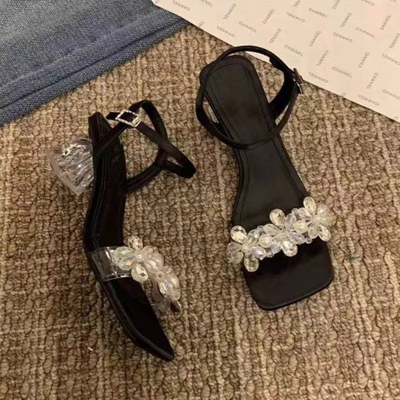 Crystal Thick Heel Slip On Sandals Women Elegant Evening Pumps