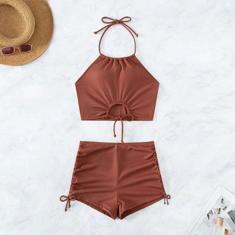 Women's High-Waist Halter Drawstring Bikini Swimwear Set