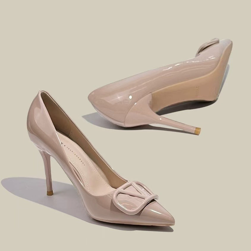 Women's Nude Pointed Toe V-Buckle French Stiletto Heels