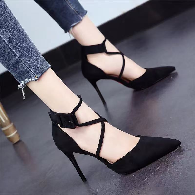 Women's Suede Pointed Toe Cross Strap Stiletto Heels