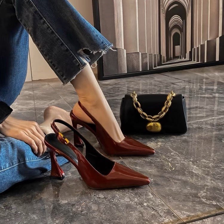 Women's Burgundy Patent Leather Pointed Toe Stiletto Sandals