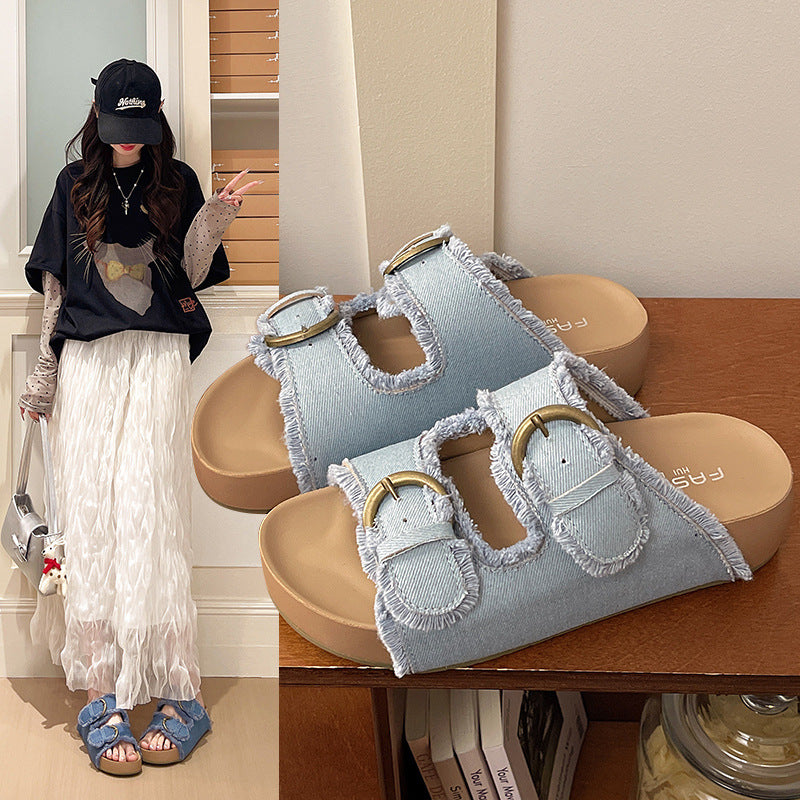 Women's Denim Platform Sandals Non-Slip Casual Summer Shoes