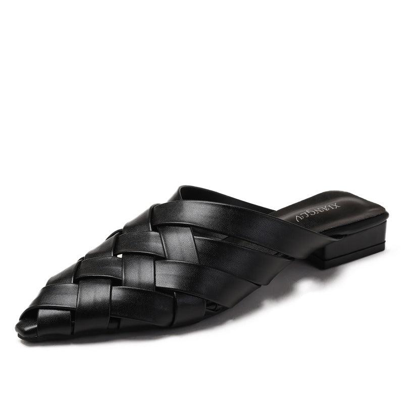 Women's Woven Pointed Toe Mules Thick Heel Summer Sandals