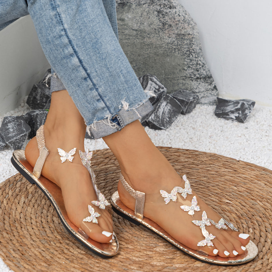 Women's Butterfly Rhinestone Flat Sandals Soft Sole Beach Shoes