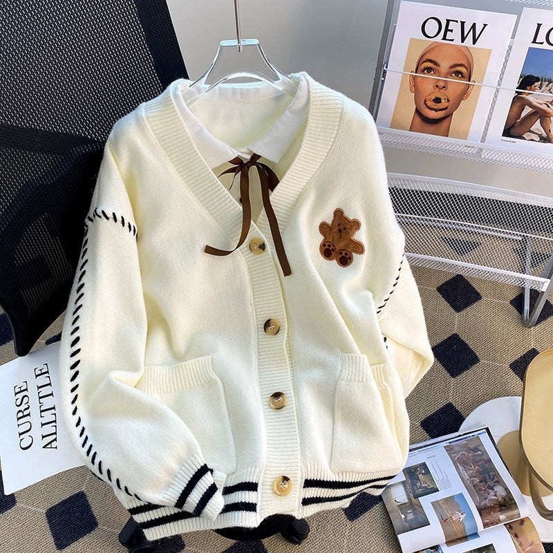 Women's Bear Knit Cardigan Sweater with Flap Pockets