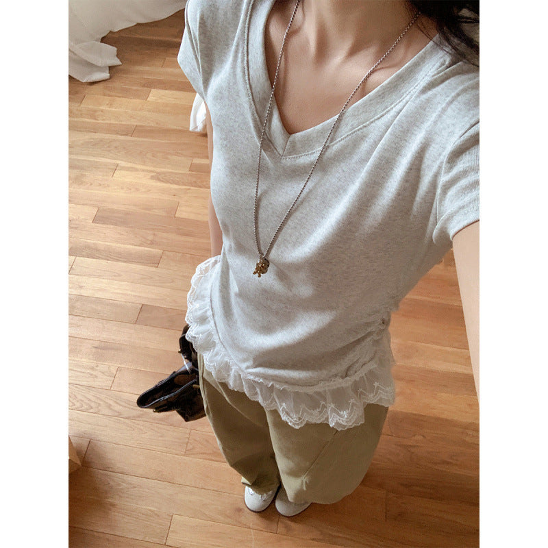 Women's Cotton Blend V-Neck Lace Waist Pleated T-Shirt
