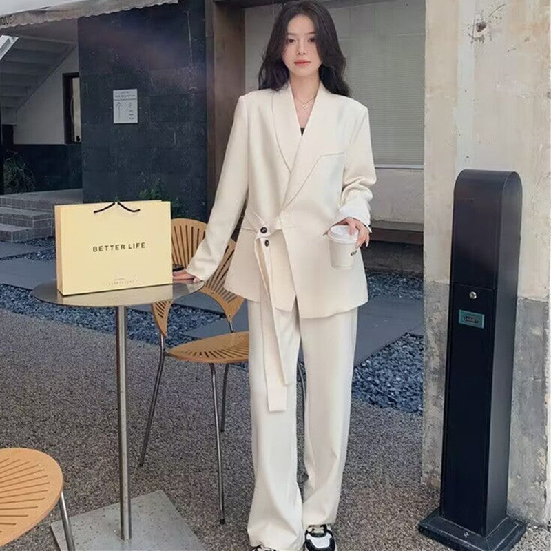 Women's Strap Blazer and Wide-Leg Pants Two-Piece Suit