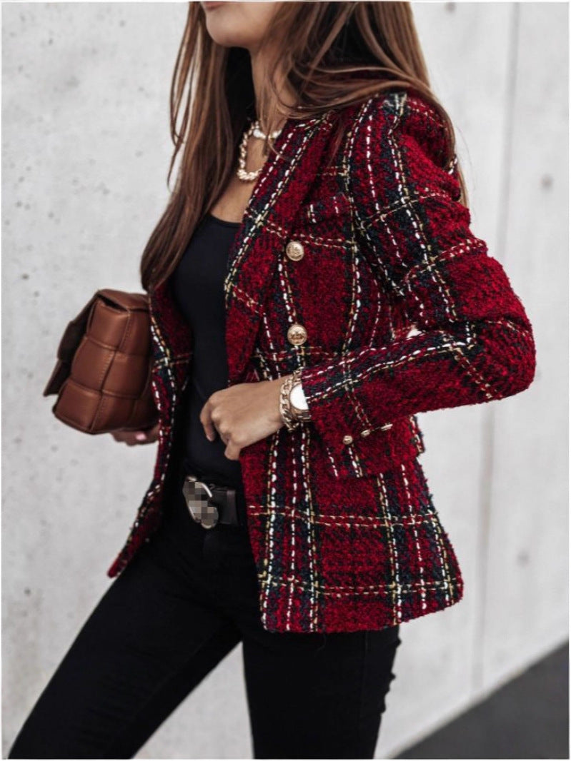 Women's Printed Double-Breasted Suit Collar Long Sleeve Jacket