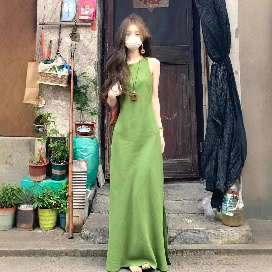 Women's French-Inspired Sleeveless Green Maxi Dress
