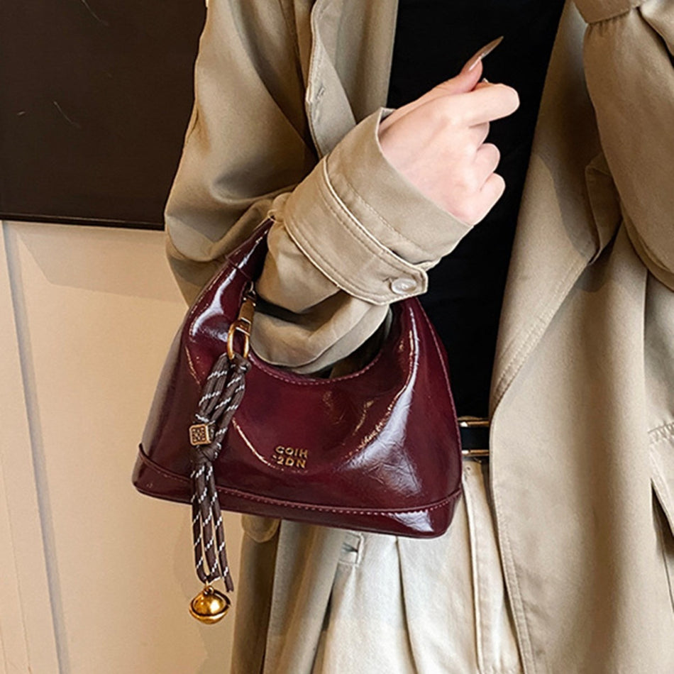 Women's Vintage Glossy Baguette Shoulder Bag with Wax Texture