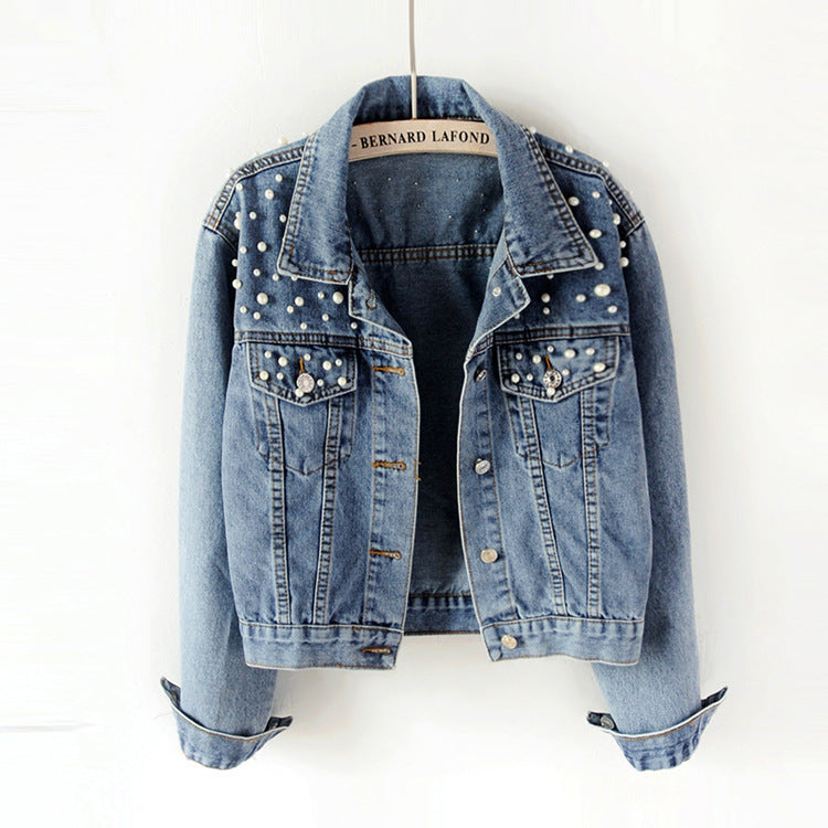 Women's Plus Size Loose Denim Jacket with Beaded Diamond Detail