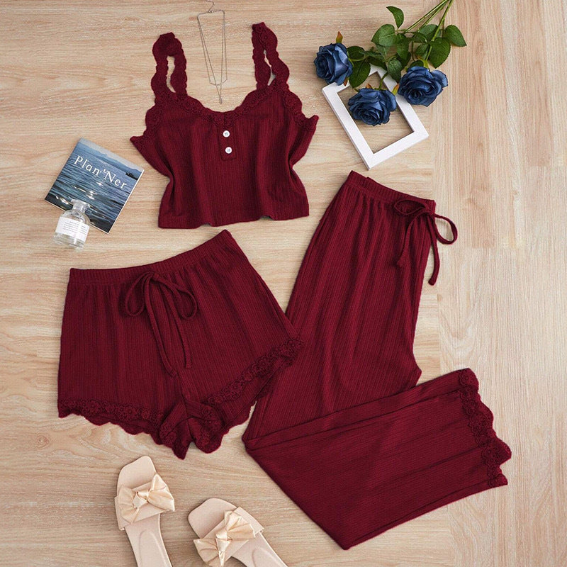 Women's Lace Camisole Pajama Three-Piece Lounge Set