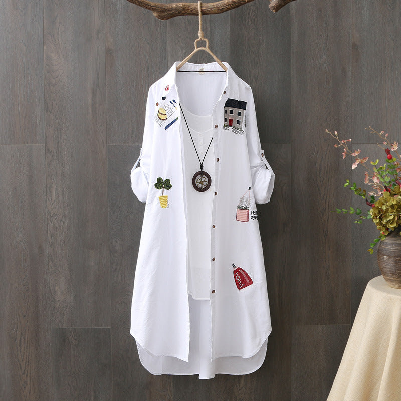 Women's Embroidered Cotton Mid-Length Sun Protection Shirt