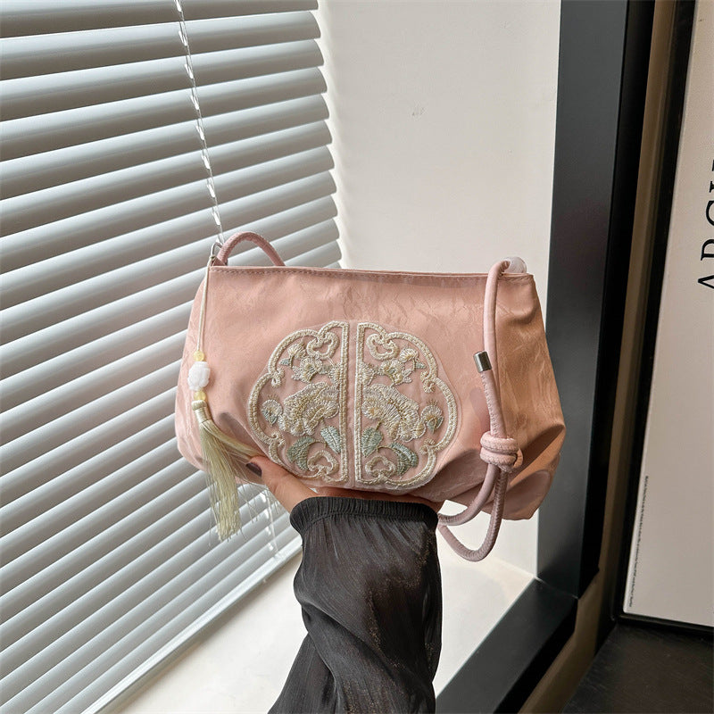 Women's Embroidered Pleated Shoulder Crossbody Bag Large Capacity