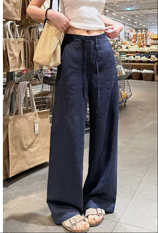 Women's Navy Blue Cotton Linen Wide-Leg Casual Pants
