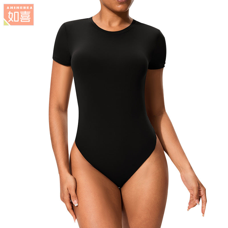 Women Seamless Yoga Bodysuit Short Sleeve Slim Fit Active Jumpsuit