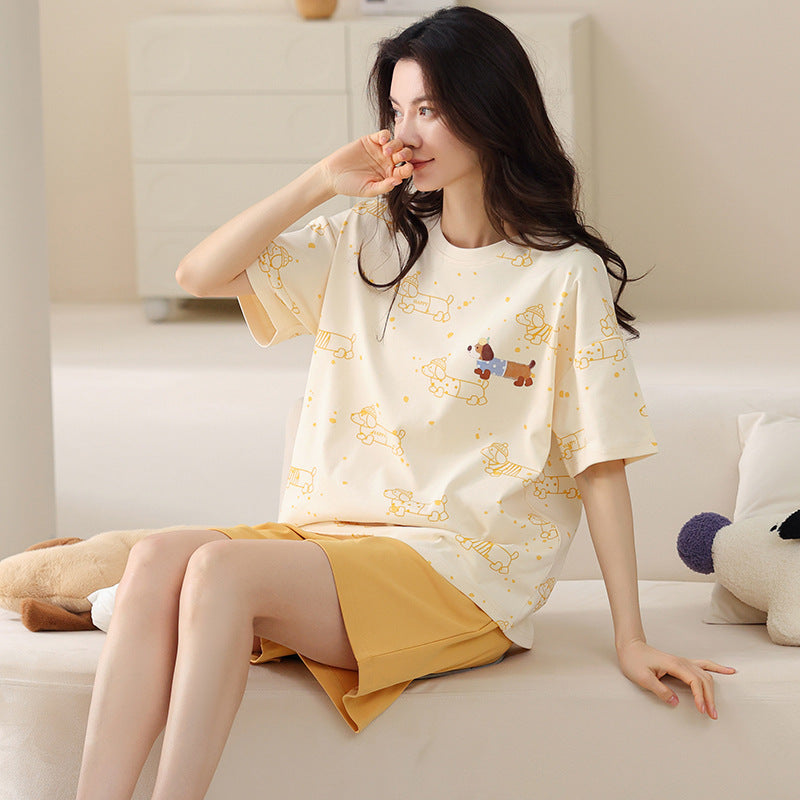 Women's Pure Cotton Short Sleeve Pajama Set with Chest Pads