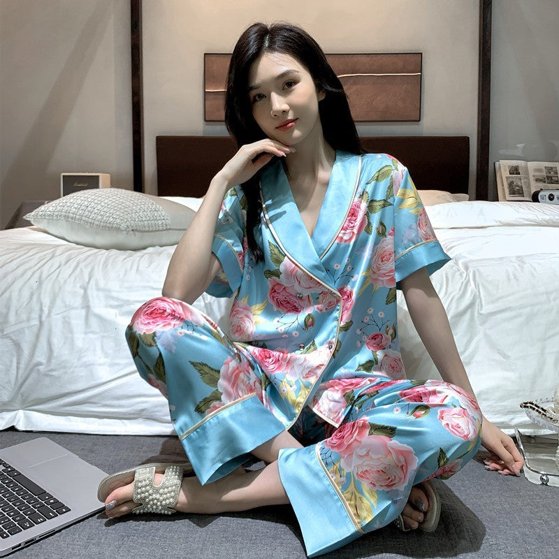 Women's Ice Silk Lapel Pajama Set Plus Size Two-Piece Loungewear