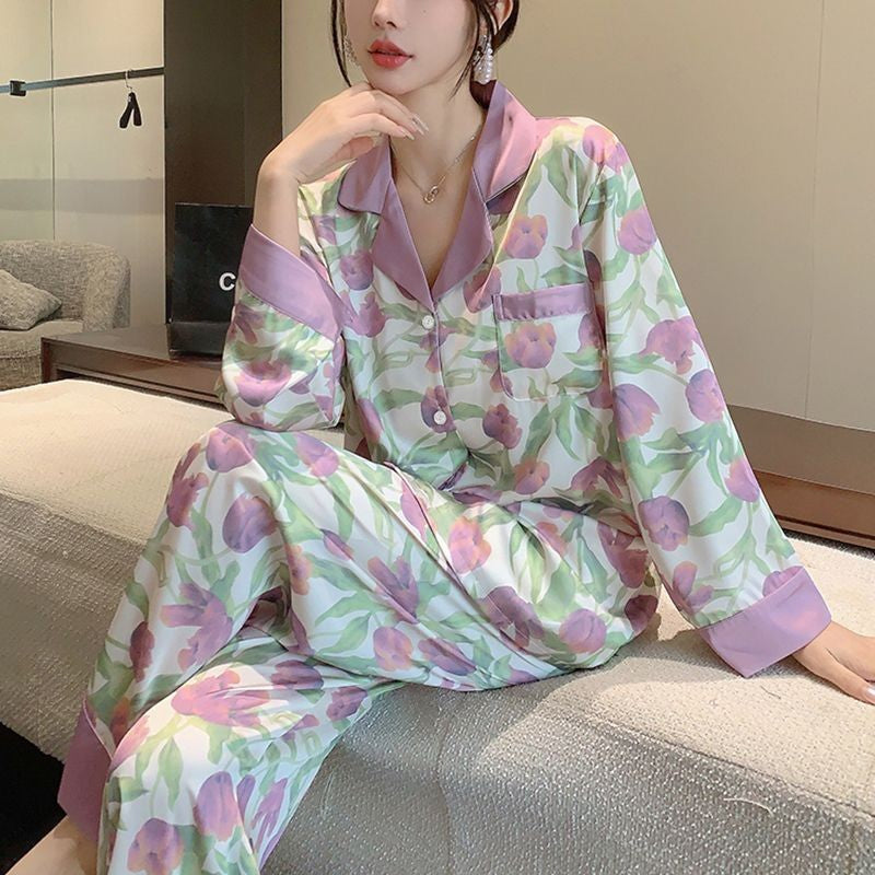 Women's Ice Silk Satin Patchwork Pajama Set Long Sleeve Loungewear