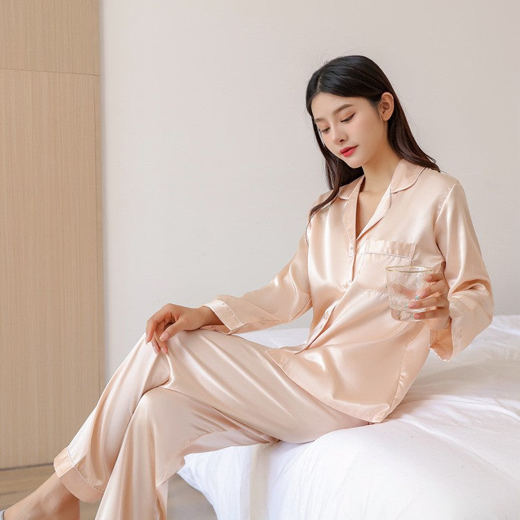Women's Ice Silk Lapel Long Sleeve Pajama Set Satin Loungewear