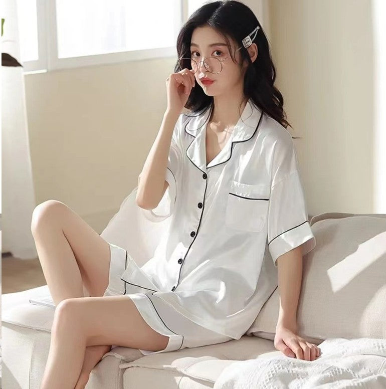 Women's Satin Silk Pajama Set V Neck Short Sleeve Lounge Wear
