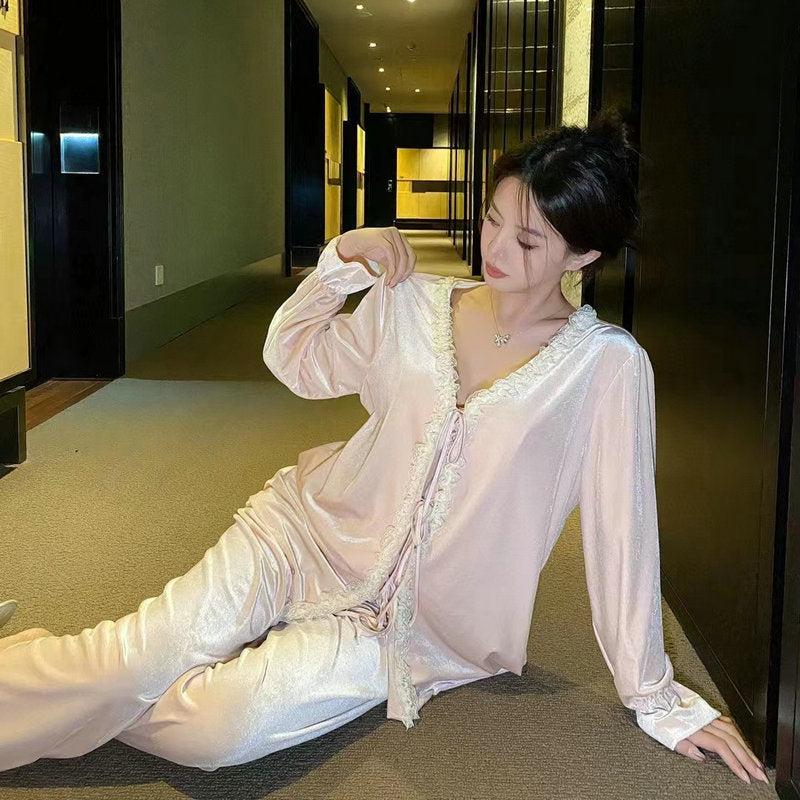 Women's Gold Velvet Pajama Set V Neck Long Sleeve Homewear Suit