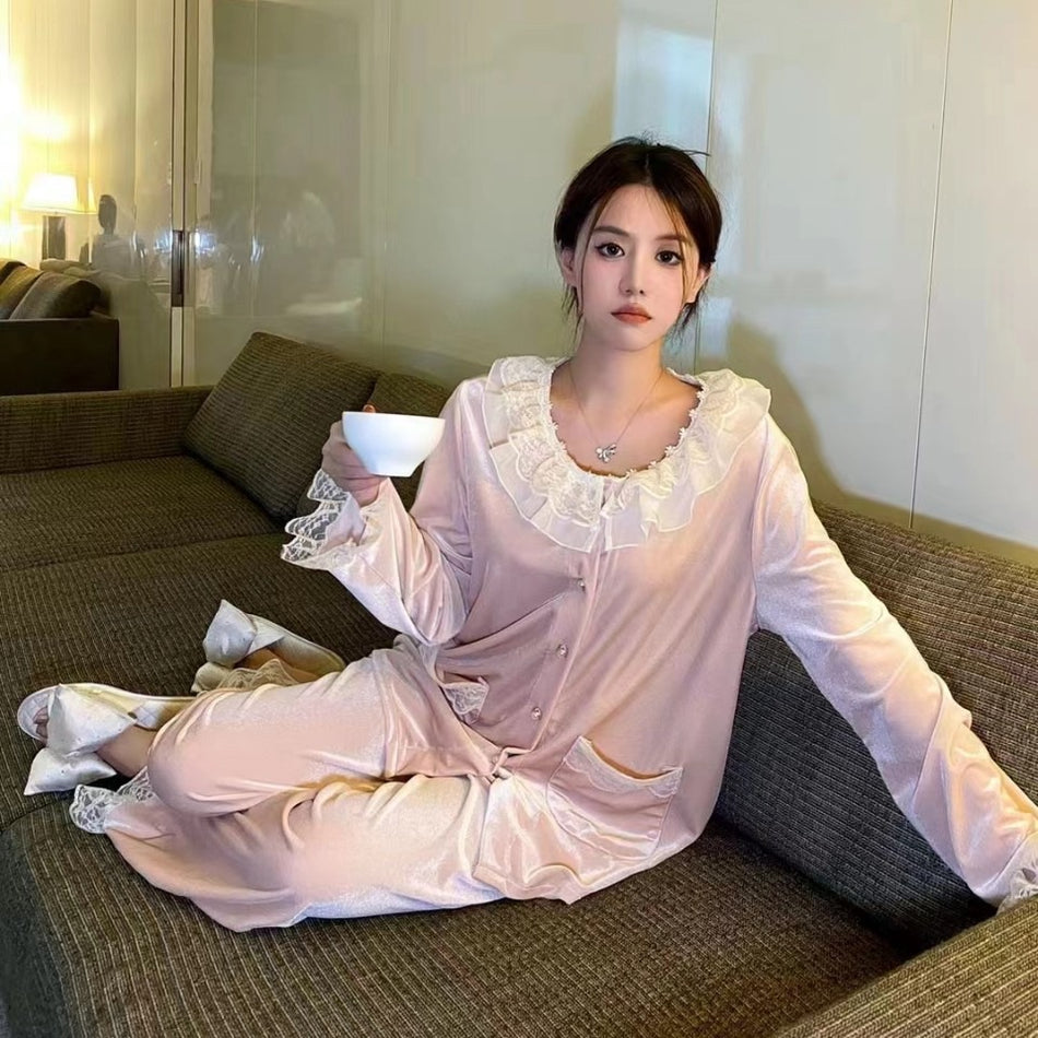 Women's Flannel Round Neck Pajama Set Long Sleeve Warm Homewear